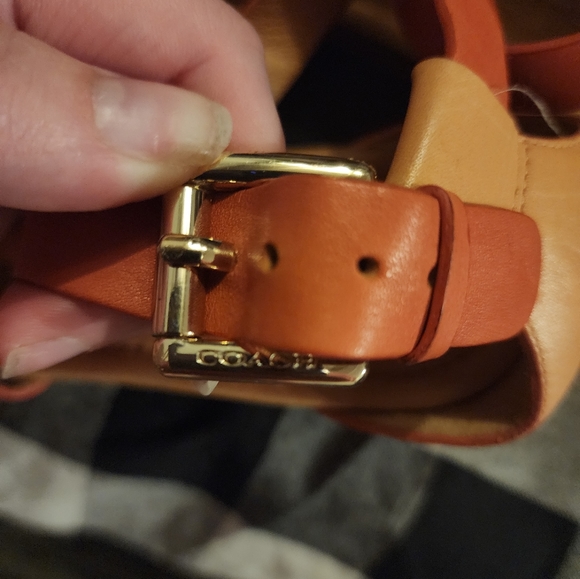 Coach Coral And Tan Low Wedge Sandals Leather Everyday Women's Size 7 Strappy - Picture 4 of 5